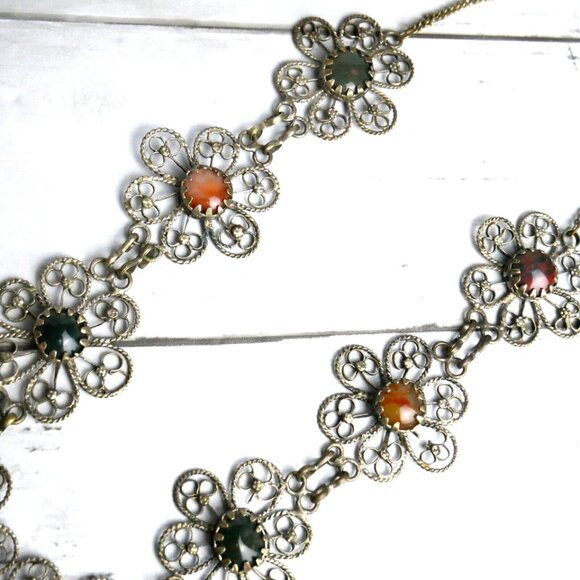 Vintage Hippie Flower Power Filigree Gemstones Bib Necklace Indian Style - Picture 4 of 10